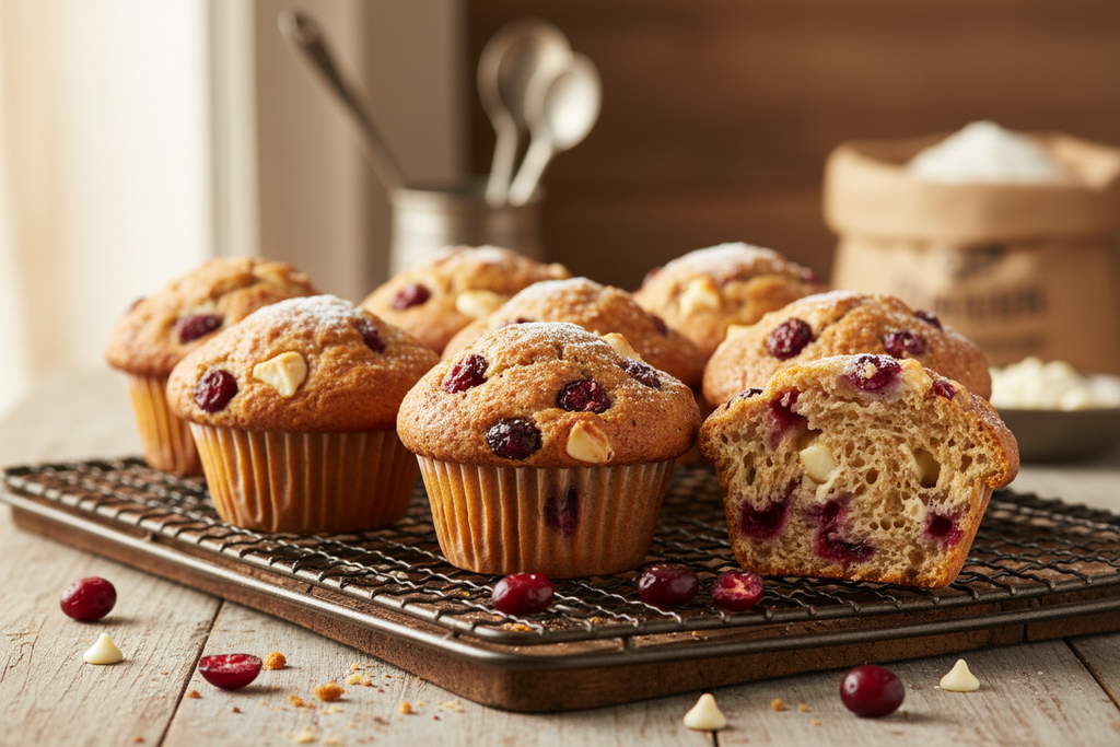 Cranberry white chocolate sourdough muffins