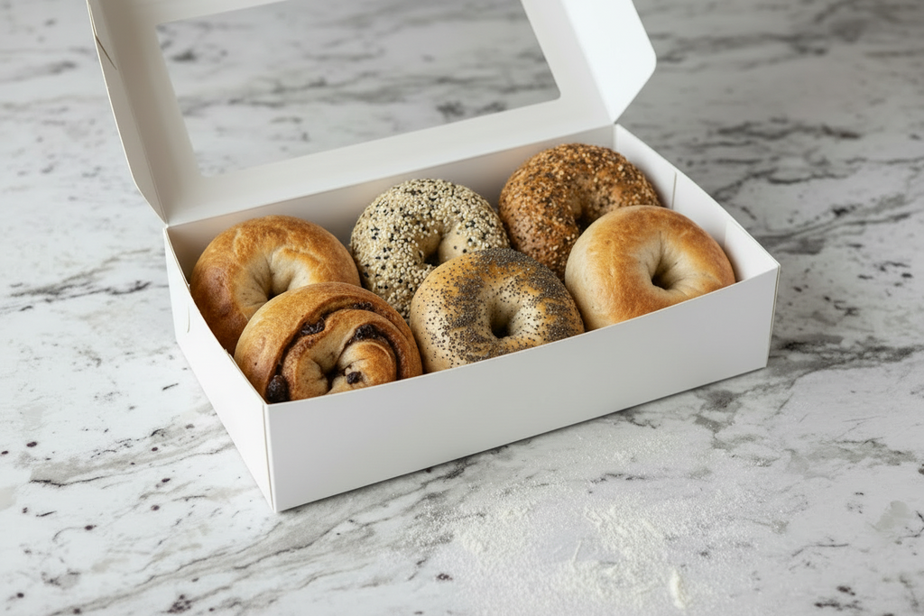 Sourdough Bagel box with half a dozen assorted flavors and xmas theme background