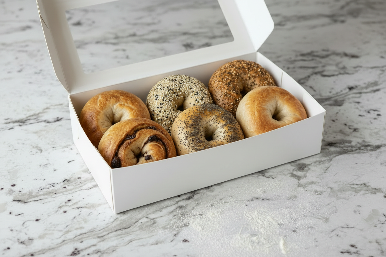 Sourdough Bagel box with half a dozen assorted flavors and xmas theme background