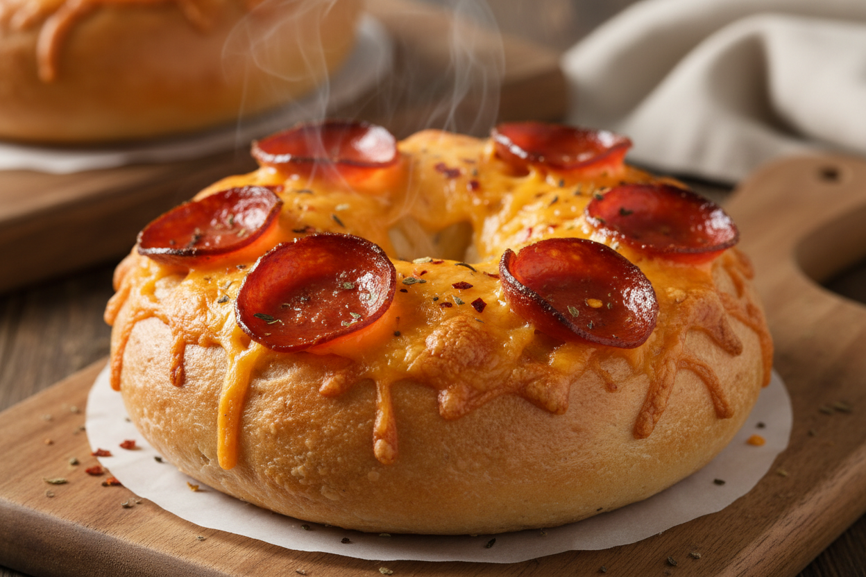 sourdough bagel with Pepperoni and cheddar on top