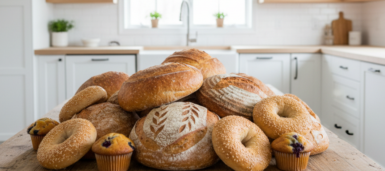 Sourdough Loaves and other sourdough treats with a christmas themed background